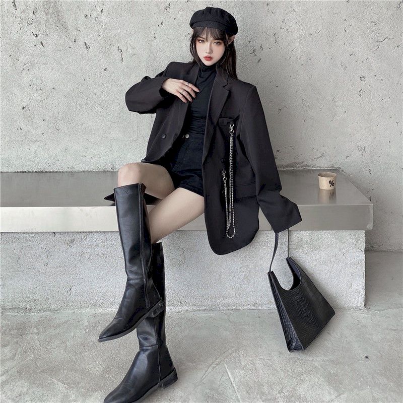 jinran New Suit Jacket Women&#39;s Trendy Dark Black Retro Loose And Thin Fried Street Suit Jacket Women 2022 Spring And Autumn Loose A