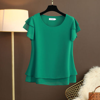 jinran New Summer Women Blouse Loose O-Neck Chiffon Shirt Female Short Sleeve Blouse Oversized Shirts womens tops and blouses Top