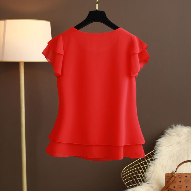 jinran New Summer Women Blouse Loose O-Neck Chiffon Shirt Female Short Sleeve Blouse Oversized Shirts womens tops and blouses Top