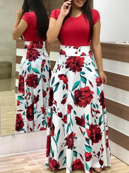 jinran Vintage Floral Print O-Neck Long Dress Women Summer 2021 New Short Sleeve Casual Slim Robe Casual Elegant Lady Maxi Vestidos