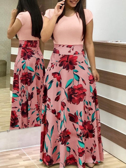 jinran Vintage Floral Print O-Neck Long Dress Women Summer 2021 New Short Sleeve Casual Slim Robe Casual Elegant Lady Maxi Vestidos