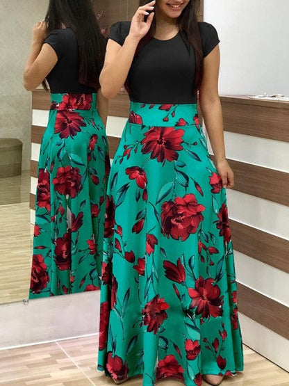 jinran Vintage Floral Print O-Neck Long Dress Women Summer 2021 New Short Sleeve Casual Slim Robe Casual Elegant Lady Maxi Vestidos