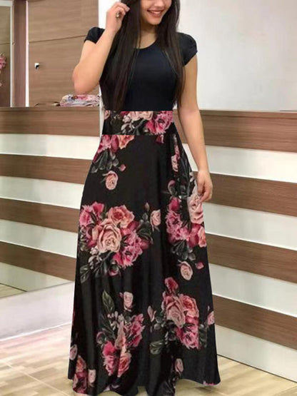 jinran Vintage Floral Print O-Neck Long Dress Women Summer 2021 New Short Sleeve Casual Slim Robe Casual Elegant Lady Maxi Vestidos