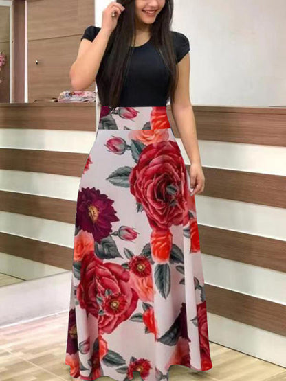 jinran Vintage Floral Print O-Neck Long Dress Women Summer 2021 New Short Sleeve Casual Slim Robe Casual Elegant Lady Maxi Vestidos