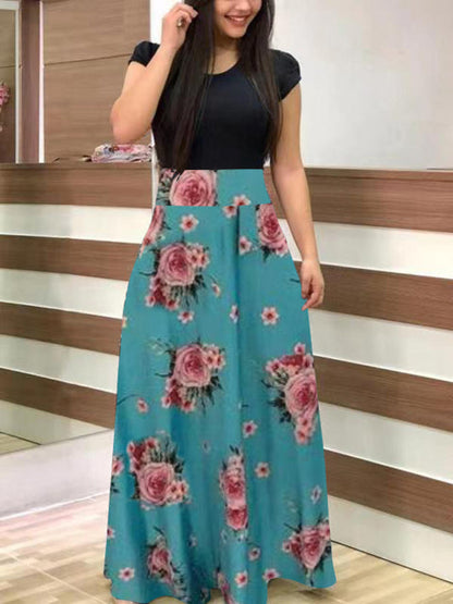 jinran Vintage Floral Print O-Neck Long Dress Women Summer 2021 New Short Sleeve Casual Slim Robe Casual Elegant Lady Maxi Vestidos