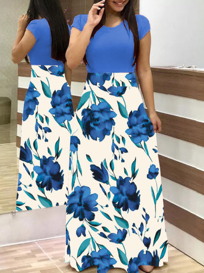 jinran Vintage Floral Print O-Neck Long Dress Women Summer 2021 New Short Sleeve Casual Slim Robe Casual Elegant Lady Maxi Vestidos