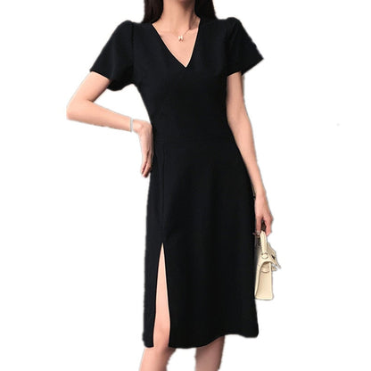 jinran Big size women&#39;s 2022 new heart machine V collar open fork French small black skirt fat mm age thin dress summer