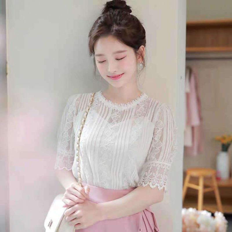 jinran 2022 Spring Summer Elegant Temperament Shirt Women&#39;s O-neck Half Sleeve Lace Blouses Female Hollow Out Solid Color Tops Plus 5XL