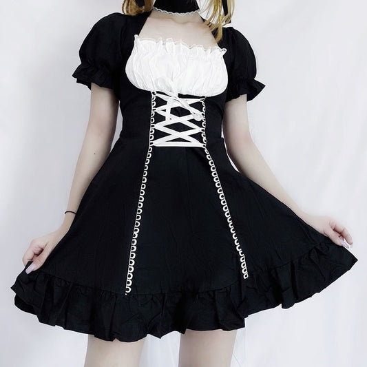 jinran Women&#39;s Maid Dress Kawaii Lolita Outfit French Milkmaid Costume Cosplay Bandage Sexy Waitress Dress Puff Sleeve Uniform