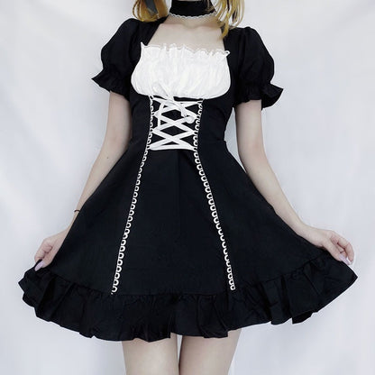 jinran Women&#39;s Maid Dress Kawaii Lolita Outfit French Milkmaid Costume Cosplay Bandage Sexy Waitress Dress Puff Sleeve Uniform