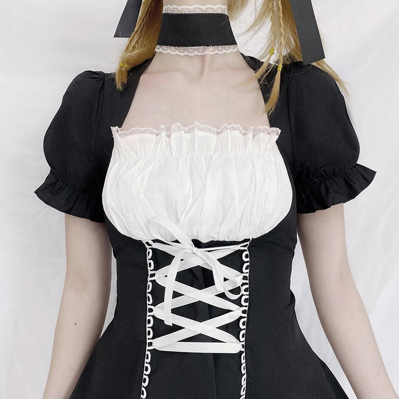 jinran Women&#39;s Maid Dress Kawaii Lolita Outfit French Milkmaid Costume Cosplay Bandage Sexy Waitress Dress Puff Sleeve Uniform