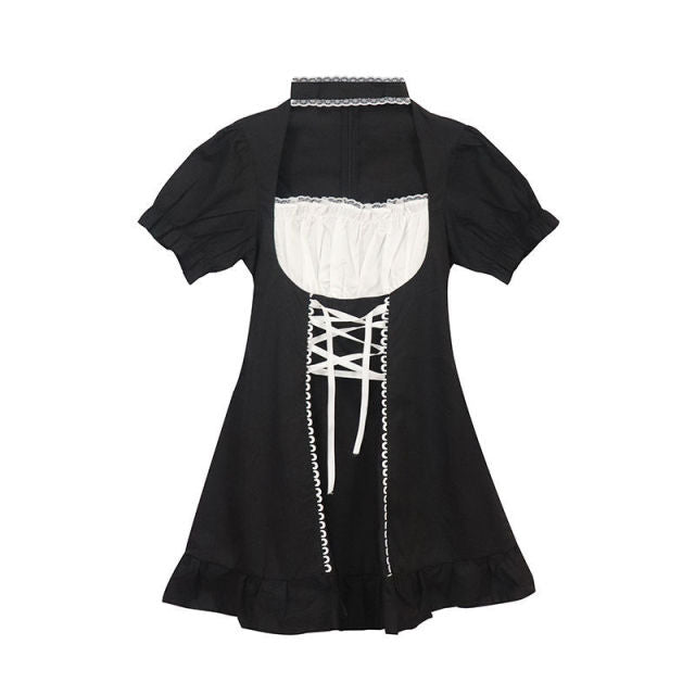 jinran Women&#39;s Maid Dress Kawaii Lolita Outfit French Milkmaid Costume Cosplay Bandage Sexy Waitress Dress Puff Sleeve Uniform