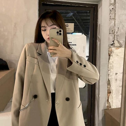 jinran New Suit Jacket Women&#39;s Trendy Dark Black Retro Loose And Thin Fried Street Suit Jacket Women 2022 Spring And Autumn Loose A