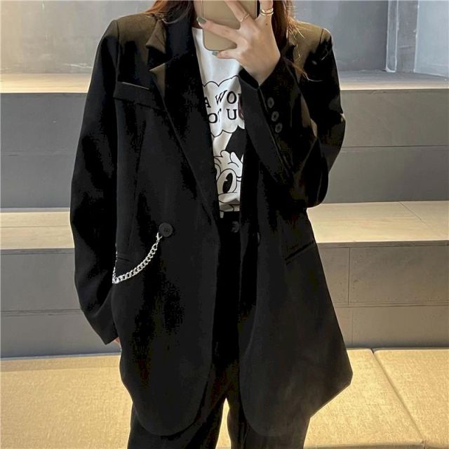 jinran New Suit Jacket Women&#39;s Trendy Dark Black Retro Loose And Thin Fried Street Suit Jacket Women 2022 Spring And Autumn Loose A