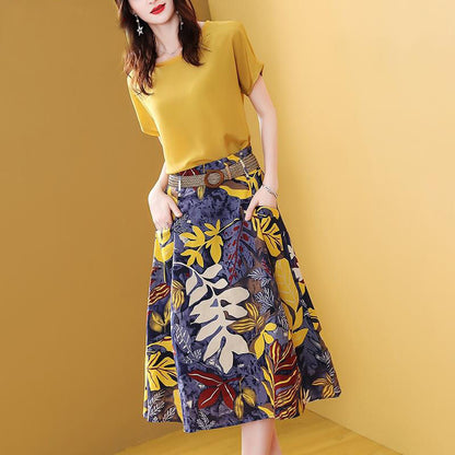 jinran Sweet Suit Female Women&#39;s Clothing 2022 Dress Set for Summer Two Pieces Clothes Solid Fashion O-neck Tops &amp; Print Skirt Sashes