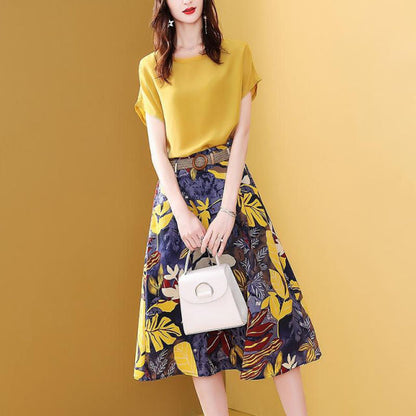 jinran Sweet Suit Female Women&#39;s Clothing 2022 Dress Set for Summer Two Pieces Clothes Solid Fashion O-neck Tops &amp; Print Skirt Sashes