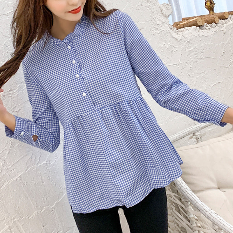 jinran women high neck ruffles plaid pleated shirt button up long sleeve peplum blouse ladies summer casual tops blusas red blue black