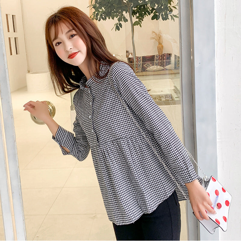 jinran women high neck ruffles plaid pleated shirt button up long sleeve peplum blouse ladies summer casual tops blusas red blue black