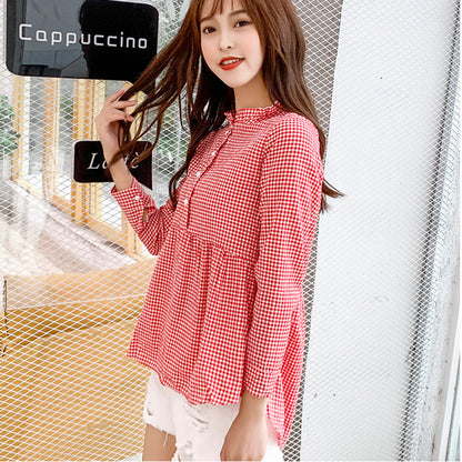 jinran women high neck ruffles plaid pleated shirt button up long sleeve peplum blouse ladies summer casual tops blusas red blue black