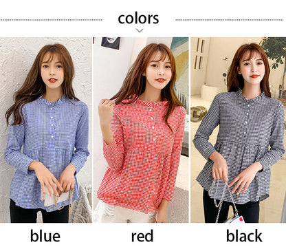 jinran women high neck ruffles plaid pleated shirt button up long sleeve peplum blouse ladies summer casual tops blusas red blue black