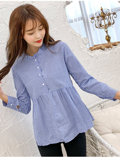 jinran women high neck ruffles plaid pleated shirt button up long sleeve peplum blouse ladies summer casual tops blusas red blue black