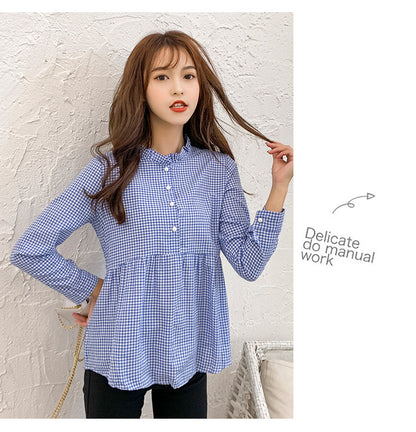 jinran women high neck ruffles plaid pleated shirt button up long sleeve peplum blouse ladies summer casual tops blusas red blue black