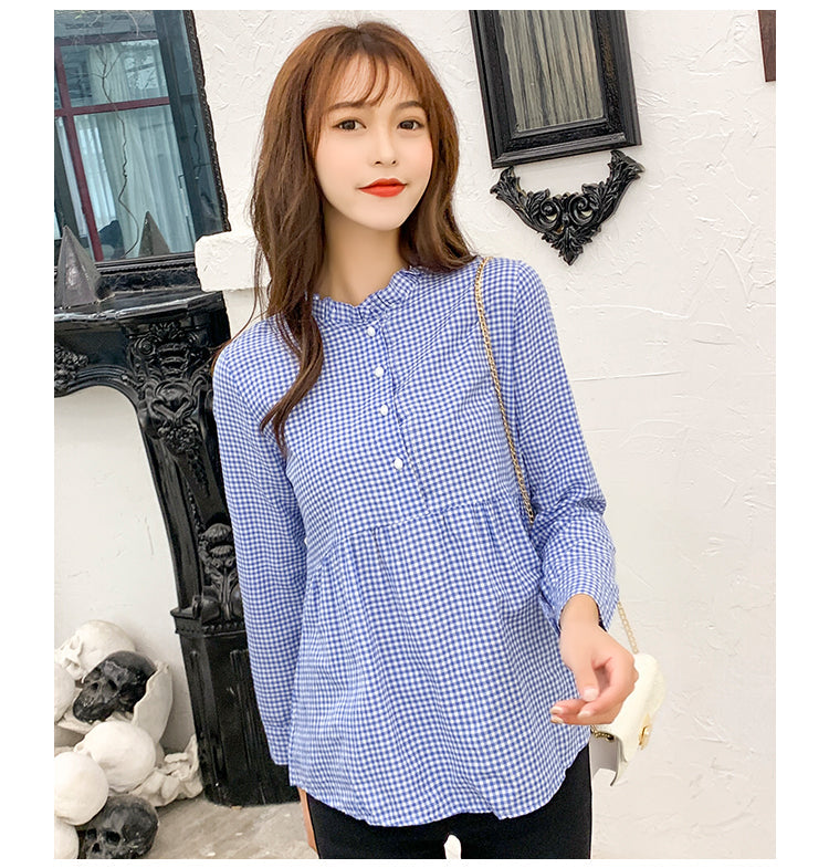 jinran women high neck ruffles plaid pleated shirt button up long sleeve peplum blouse ladies summer casual tops blusas red blue black