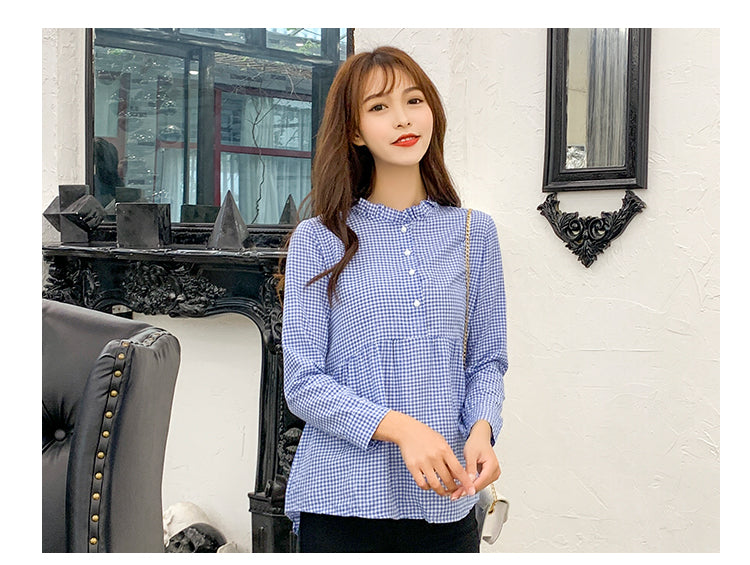 jinran women high neck ruffles plaid pleated shirt button up long sleeve peplum blouse ladies summer casual tops blusas red blue black