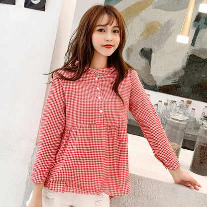 jinran women high neck ruffles plaid pleated shirt button up long sleeve peplum blouse ladies summer casual tops blusas red blue black