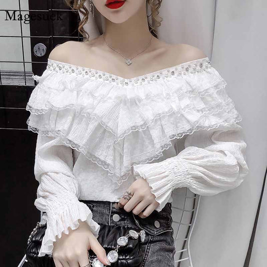 jinran New Stylish Lace Ruffle Stitching Blouse Women V Neck Ladies Shirt 2022 Fall  Lantern Long Sleeve Korean Vintage Solid Top 12074