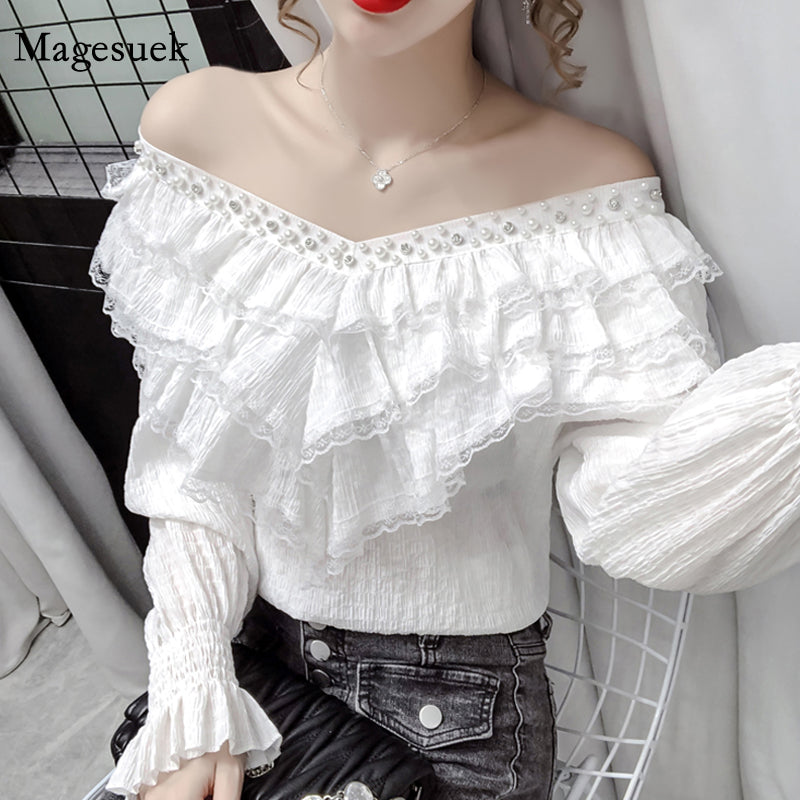 jinran New Stylish Lace Ruffle Stitching Blouse Women V Neck Ladies Shirt 2022 Fall  Lantern Long Sleeve Korean Vintage Solid Top 12074