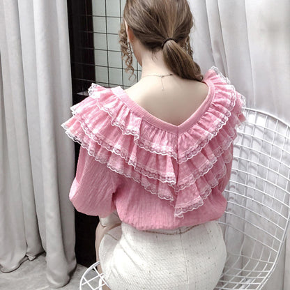 jinran New Stylish Lace Ruffle Stitching Blouse Women V Neck Ladies Shirt 2022 Fall  Lantern Long Sleeve Korean Vintage Solid Top 12074