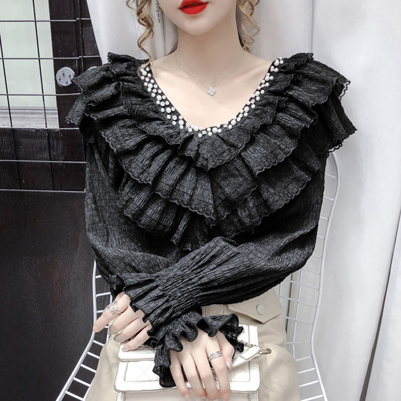 jinran New Stylish Lace Ruffle Stitching Blouse Women V Neck Ladies Shirt 2022 Fall  Lantern Long Sleeve Korean Vintage Solid Top 12074