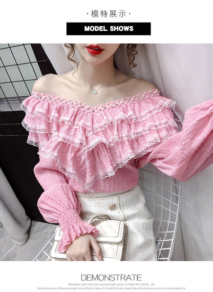 jinran New Stylish Lace Ruffle Stitching Blouse Women V Neck Ladies Shirt 2022 Fall  Lantern Long Sleeve Korean Vintage Solid Top 12074