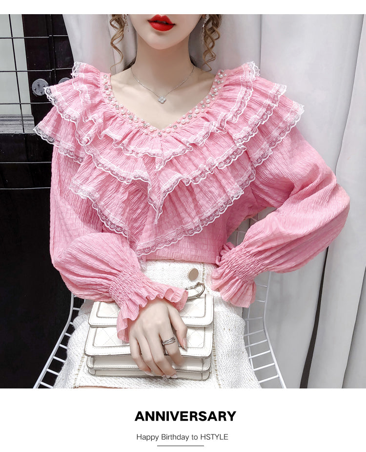 jinran New Stylish Lace Ruffle Stitching Blouse Women V Neck Ladies Shirt 2022 Fall  Lantern Long Sleeve Korean Vintage Solid Top 12074