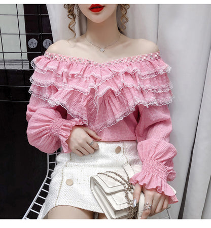 jinran New Stylish Lace Ruffle Stitching Blouse Women V Neck Ladies Shirt 2022 Fall  Lantern Long Sleeve Korean Vintage Solid Top 12074