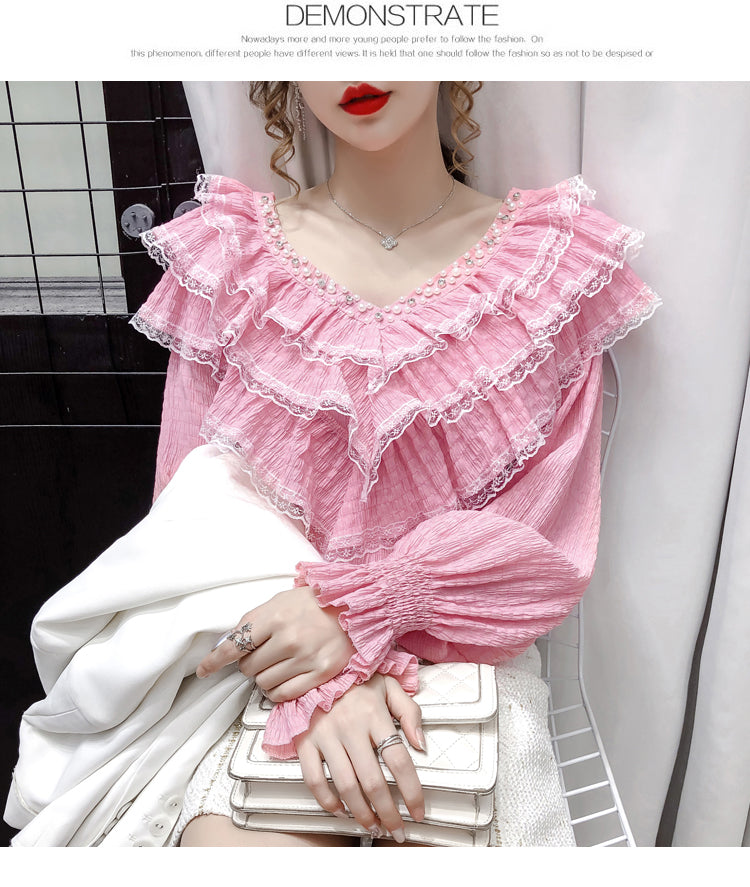 jinran New Stylish Lace Ruffle Stitching Blouse Women V Neck Ladies Shirt 2022 Fall  Lantern Long Sleeve Korean Vintage Solid Top 12074