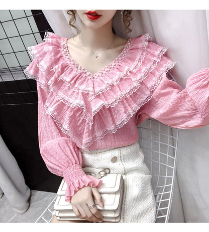 jinran New Stylish Lace Ruffle Stitching Blouse Women V Neck Ladies Shirt 2022 Fall  Lantern Long Sleeve Korean Vintage Solid Top 12074