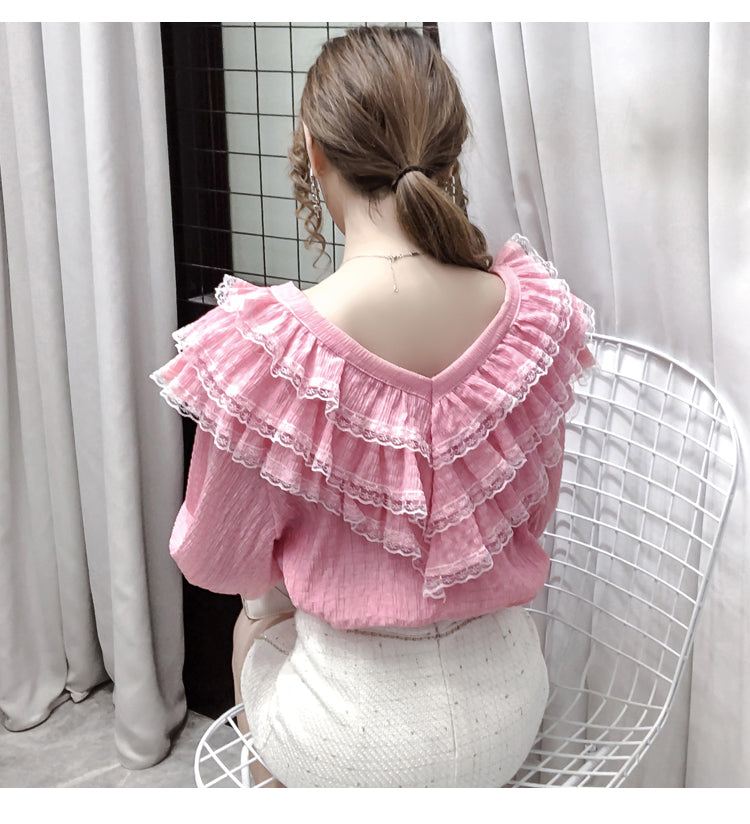 jinran New Stylish Lace Ruffle Stitching Blouse Women V Neck Ladies Shirt 2022 Fall  Lantern Long Sleeve Korean Vintage Solid Top 12074