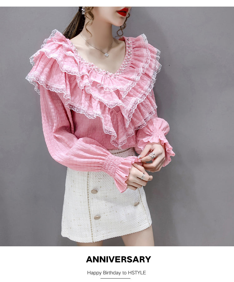 jinran New Stylish Lace Ruffle Stitching Blouse Women V Neck Ladies Shirt 2022 Fall  Lantern Long Sleeve Korean Vintage Solid Top 12074