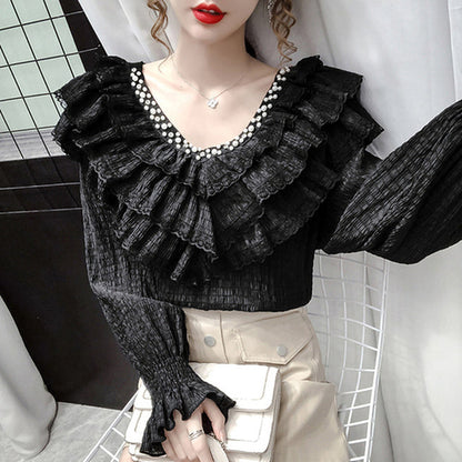 jinran New Stylish Lace Ruffle Stitching Blouse Women V Neck Ladies Shirt 2022 Fall  Lantern Long Sleeve Korean Vintage Solid Top 12074