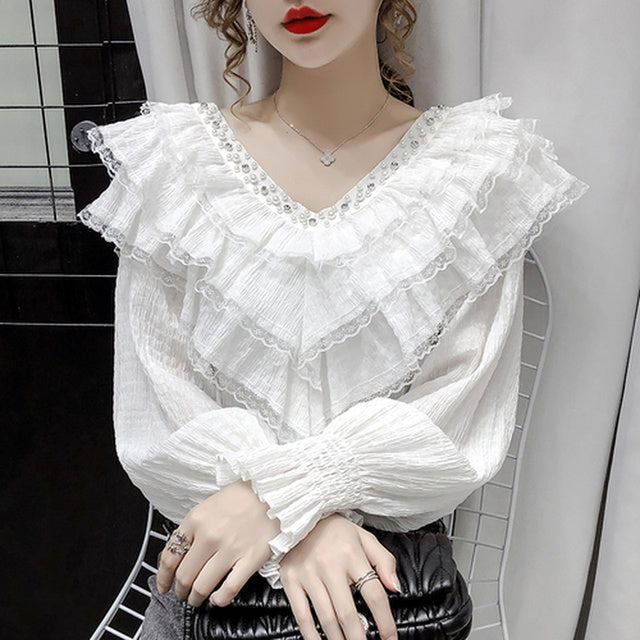 jinran New Stylish Lace Ruffle Stitching Blouse Women V Neck Ladies Shirt 2022 Fall  Lantern Long Sleeve Korean Vintage Solid Top 12074