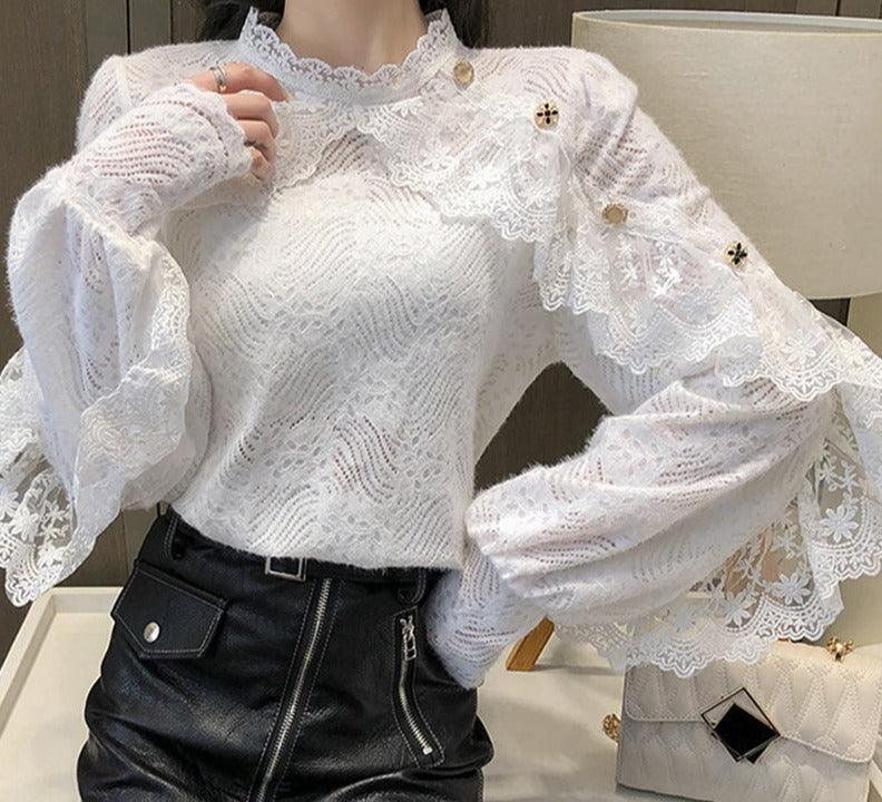 jinran New Crochet Lace Blouse Women  Chic Ruffle Lace Stitching Shawl Ladies Stand Collar Tops 2022 Spring Long Sleeve Slim Shirt13025