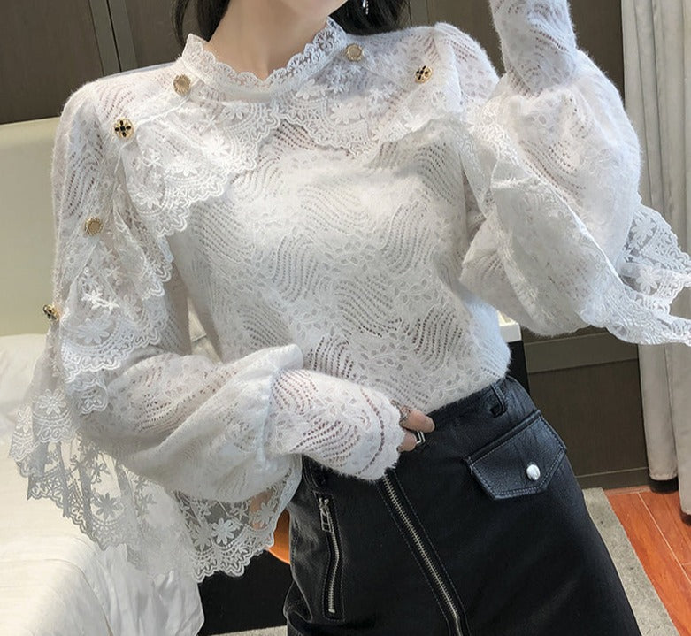 jinran New Crochet Lace Blouse Women  Chic Ruffle Lace Stitching Shawl Ladies Stand Collar Tops 2022 Spring Long Sleeve Slim Shirt13025