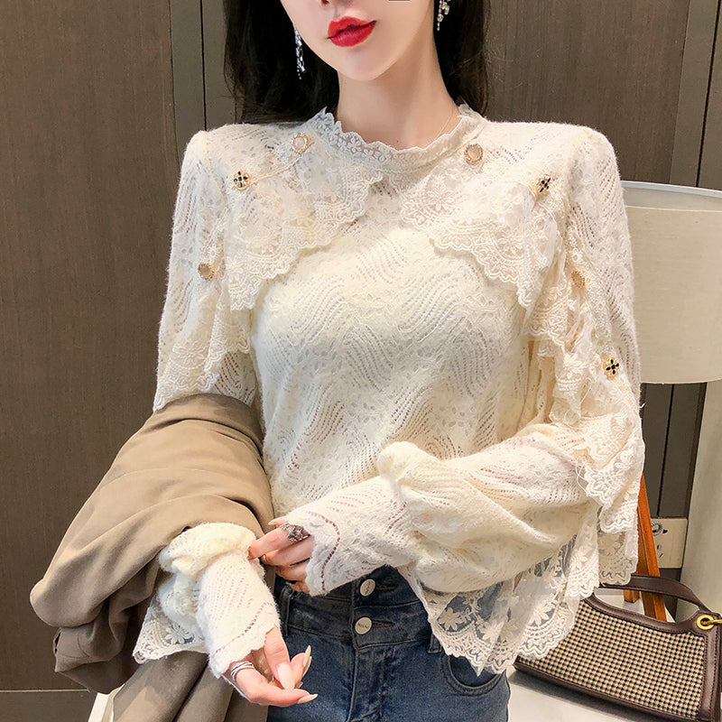 jinran New Crochet Lace Blouse Women  Chic Ruffle Lace Stitching Shawl Ladies Stand Collar Tops 2022 Spring Long Sleeve Slim Shirt13025