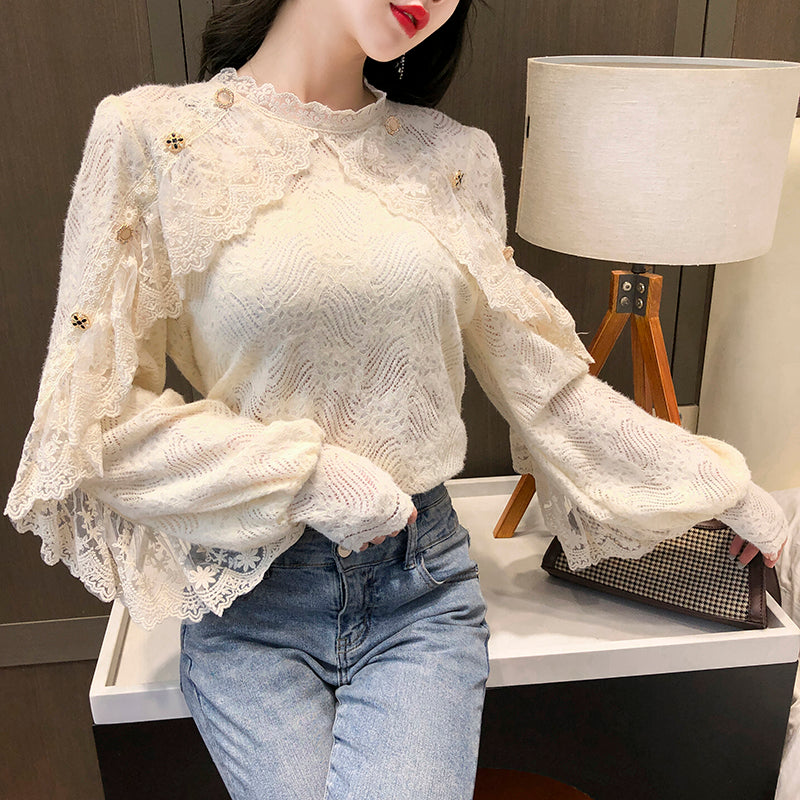 jinran New Crochet Lace Blouse Women  Chic Ruffle Lace Stitching Shawl Ladies Stand Collar Tops 2022 Spring Long Sleeve Slim Shirt13025