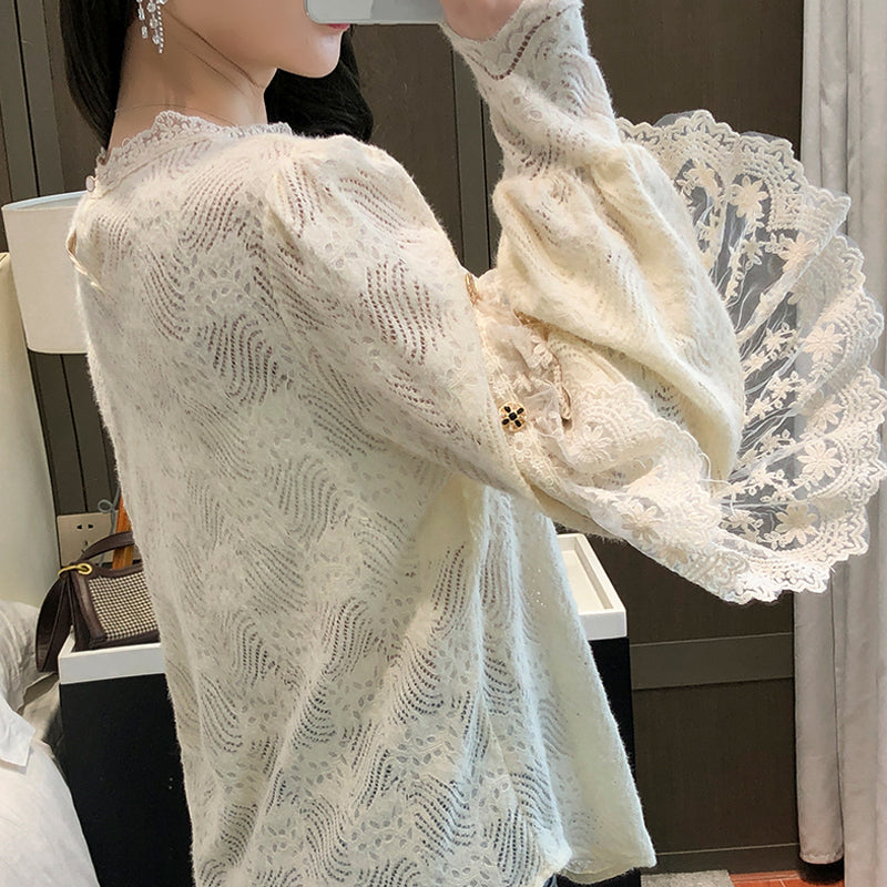 jinran New Crochet Lace Blouse Women  Chic Ruffle Lace Stitching Shawl Ladies Stand Collar Tops 2022 Spring Long Sleeve Slim Shirt13025