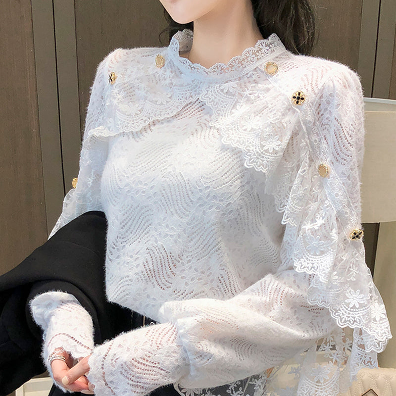 jinran New Crochet Lace Blouse Women  Chic Ruffle Lace Stitching Shawl Ladies Stand Collar Tops 2022 Spring Long Sleeve Slim Shirt13025