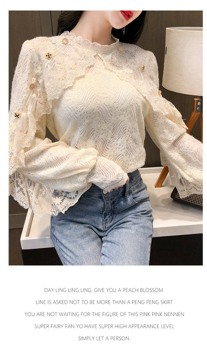 jinran New Crochet Lace Blouse Women  Chic Ruffle Lace Stitching Shawl Ladies Stand Collar Tops 2022 Spring Long Sleeve Slim Shirt13025