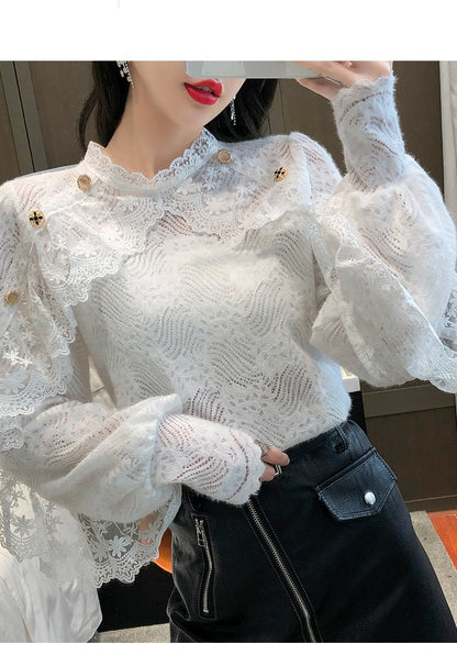 jinran New Crochet Lace Blouse Women  Chic Ruffle Lace Stitching Shawl Ladies Stand Collar Tops 2022 Spring Long Sleeve Slim Shirt13025